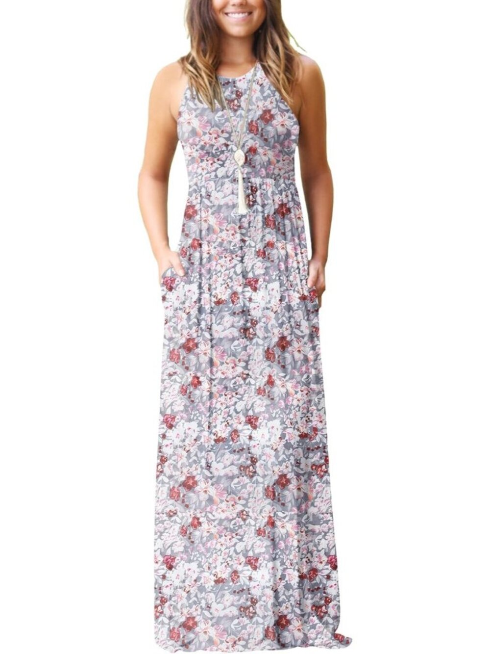 Women's Floral Gray Azalea Summer Sleeveless Casual Tank with Pockets Maxi Dress